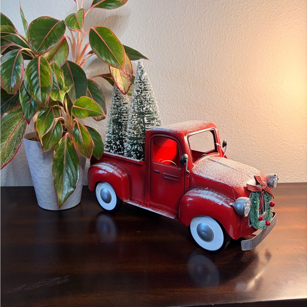 Festive Red Hoilday Metal Truck with headlights Christmas Decor